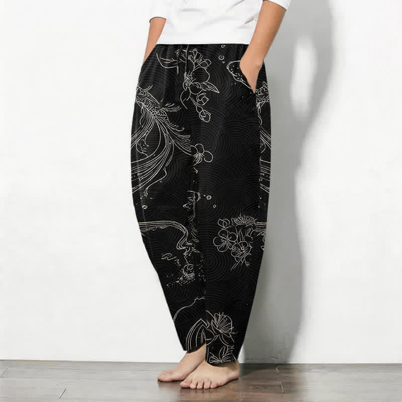 Buddha Stones Pantalon fuselé pour homme en pur coton, motif floral Koi, cordon de serrage et poches - image 1