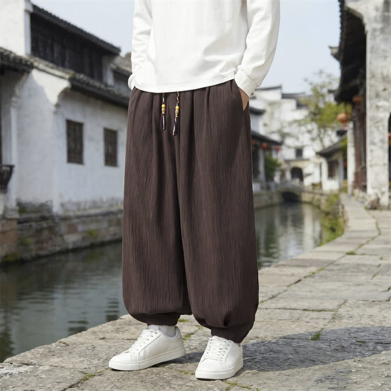 Buddha Stones Pantalon harem homme décontracté printemps automne vintage à cordon de serrage, couleur unie, longueur cheville, avec poches - Terre de sienne - Régulier - US/UK/AU48，EU58 (6XL) - image 0