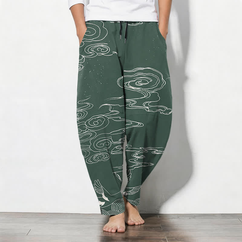 Buddha Stones Pantalon fuselé pour homme en pur coton, motif grue dans les nuages, avec cordon de serrage et poches. - Vert mer moyen - US/UK/AU50，EU60 (5XL) - image 0