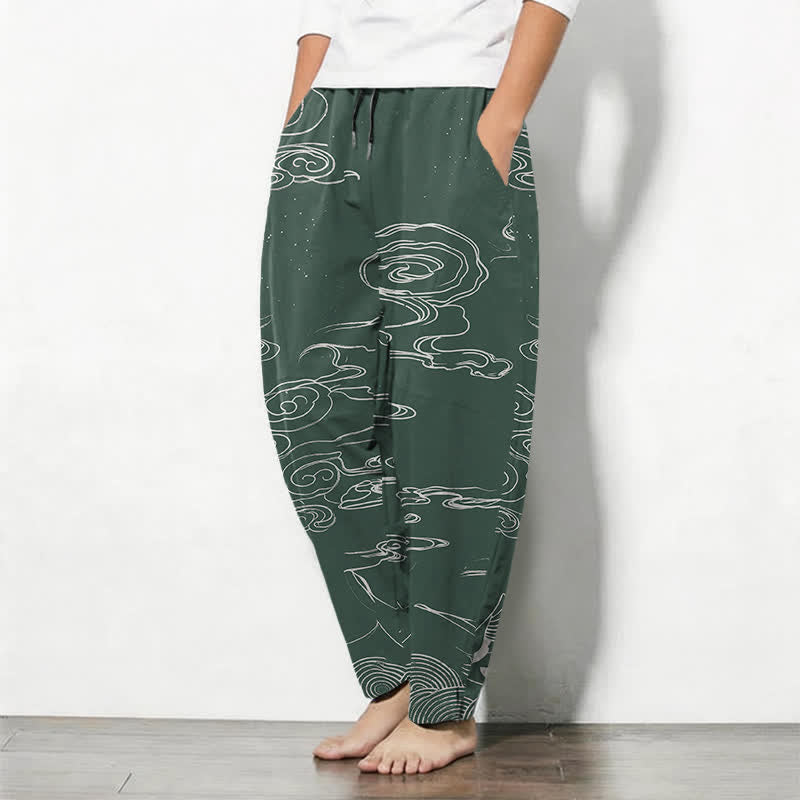 Buddha Stones Pantalon fuselé pour homme en pur coton, motif grue dans les nuages, avec cordon de serrage et poches. - image 1