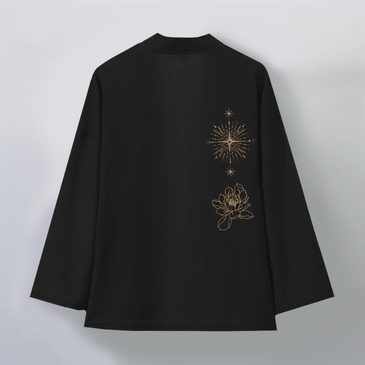 Buddha Stones Kimono pour homme en coton à motif lotus éclatant et étoile, ouvert sur le devant - image 2