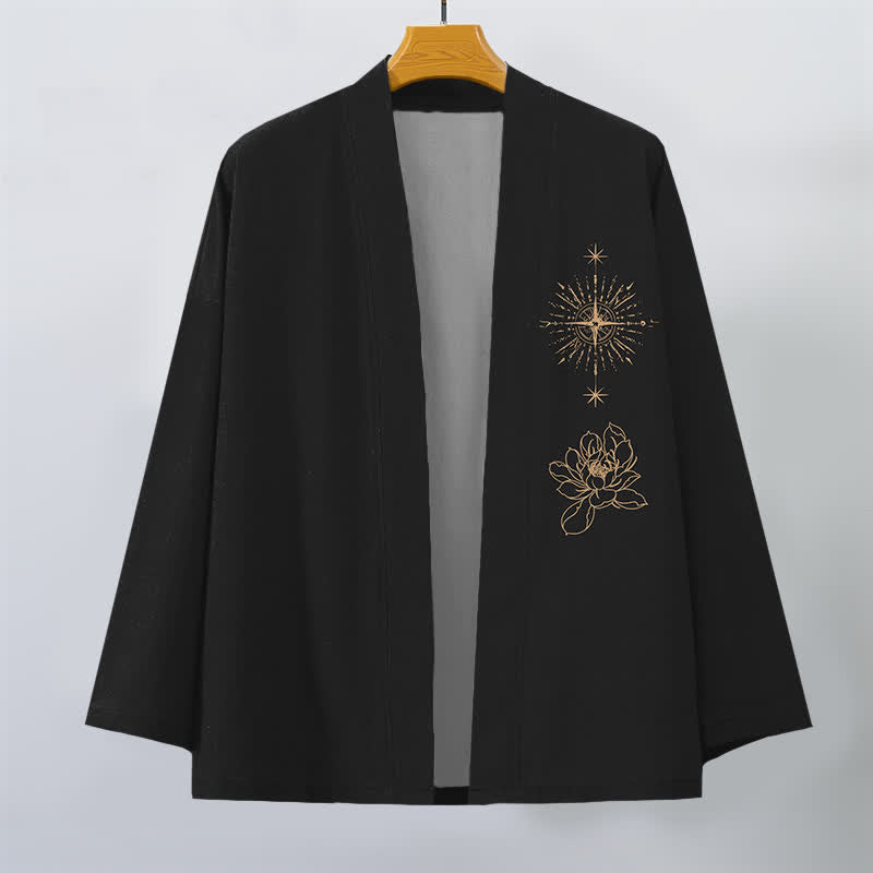 Buddha Stones Kimono pour homme en coton à motif lotus éclatant et étoile, ouvert sur le devant - image 1