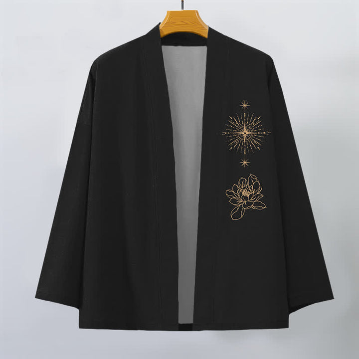 Buddha Stones Kimono pour homme en coton à motif lotus éclatant et étoile, ouvert sur le devant - image 1