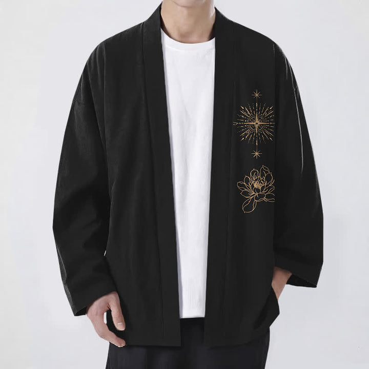 Buddha Stones Kimono pour homme en coton à motif lotus éclatant et étoile, ouvert sur le devant - Noir - US/UK/AU48，EU58 (4XL) - image 0