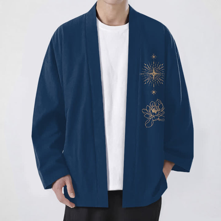 Buddha Stones Kimono pour homme en coton à motif lotus éclatant et étoile, ouvert sur le devant - Marine - US/UK/AU48，EU58 (4XL) - image 6