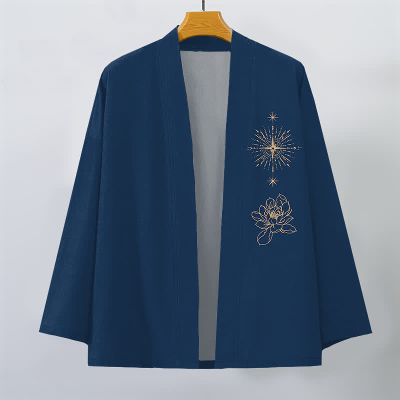 Buddha Stones Kimono pour homme en coton à motif lotus éclatant et étoile, ouvert sur le devant - image 7