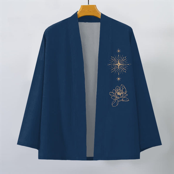 Buddha Stones Kimono pour homme en coton à motif lotus éclatant et étoile, ouvert sur le devant - image 7