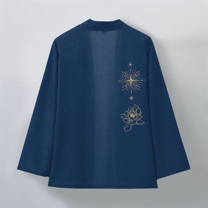 Buddha Stones Kimono pour homme en coton à motif lotus éclatant et étoile, ouvert sur le devant - image 8