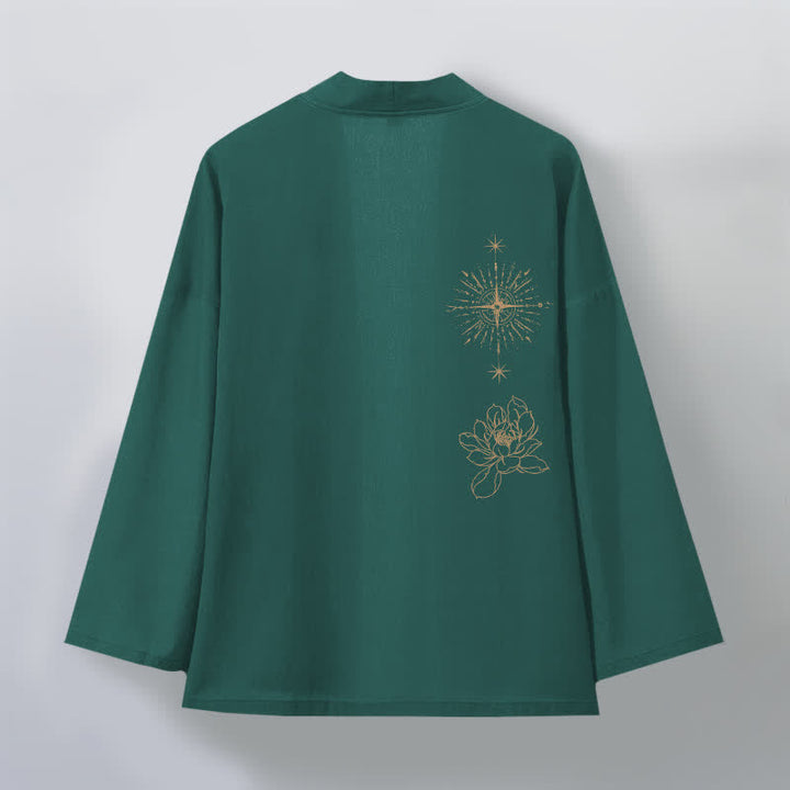 Buddha Stones Kimono pour homme en coton à motif lotus éclatant et étoile, ouvert sur le devant - image 11