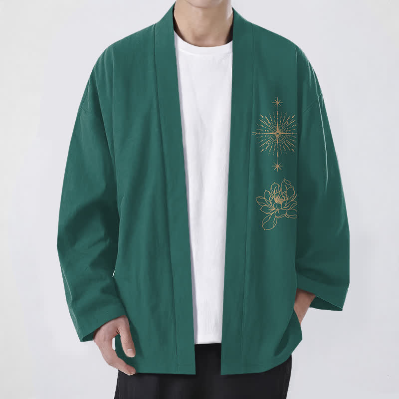 Buddha Stones Kimono pour homme en coton à motif lotus éclatant et étoile, ouvert sur le devant - Sarcelle - US/UK/AU48，EU58 (4XL) - image 9