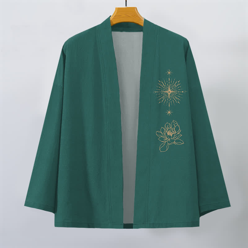 Buddha Stones Kimono pour homme en coton à motif lotus éclatant et étoile, ouvert sur le devant - image 10