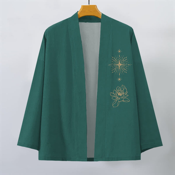 Buddha Stones Kimono pour homme en coton à motif lotus éclatant et étoile, ouvert sur le devant - image 10