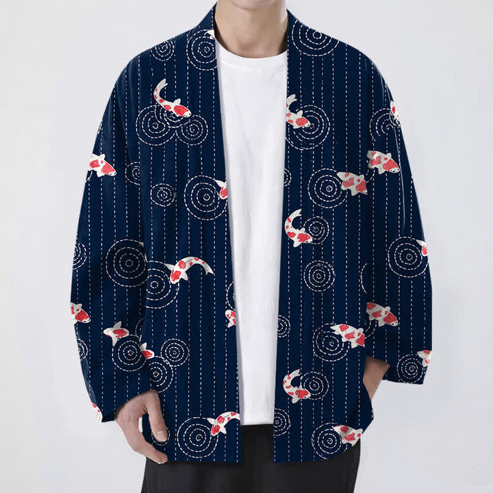 Buddha Stones Kimono pour homme en coton à motif de carpes koï ondulées, ouvert sur le devant - Marine - US/UK/AU48，EU58 (4XL) - image 0