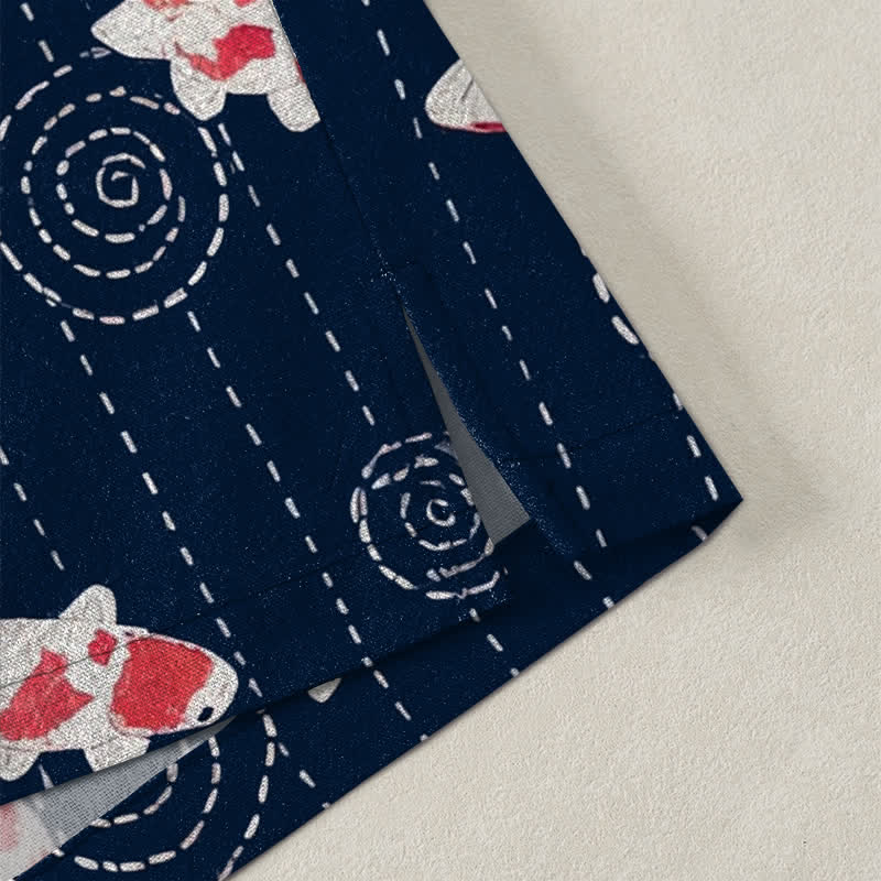 Buddha Stones Kimono pour homme en coton à motif de carpes koï ondulées, ouvert sur le devant - image 4