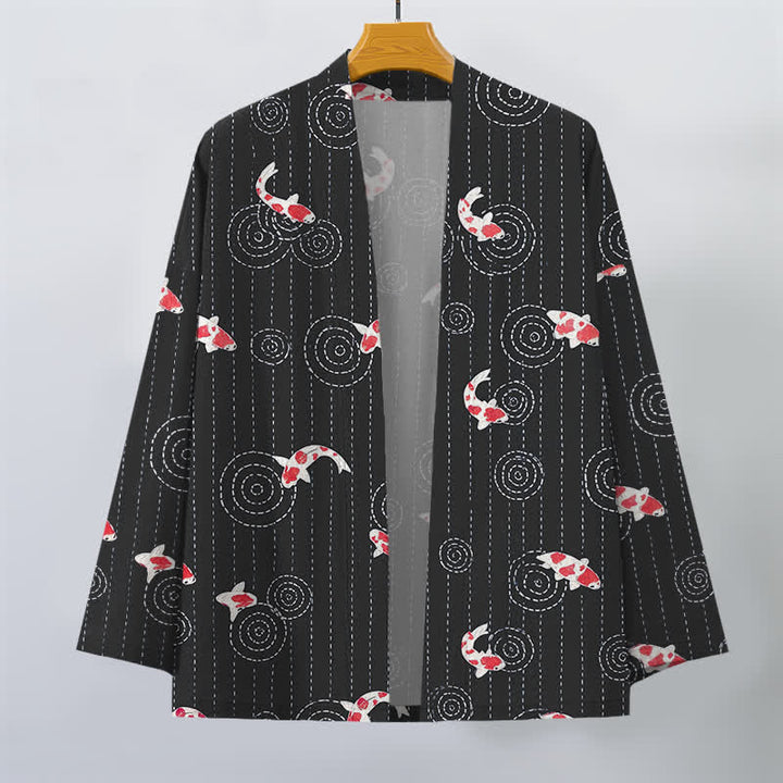 Buddha Stones Kimono pour homme en coton à motif de carpes koï ondulées, ouvert sur le devant - image 7