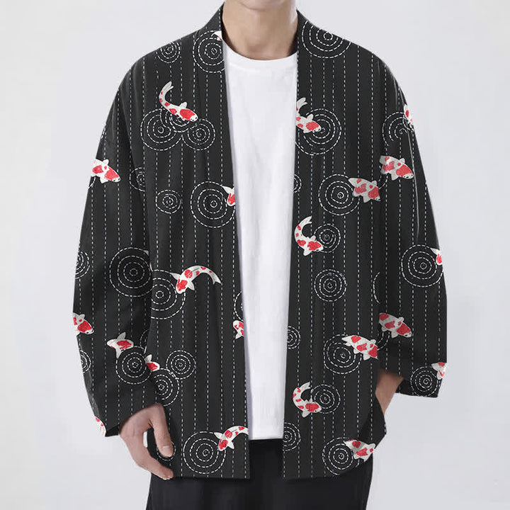 Buddha Stones Kimono pour homme en coton à motif de carpes koï ondulées, ouvert sur le devant - Noir - US/UK/AU48，EU58 (4XL) - image 6