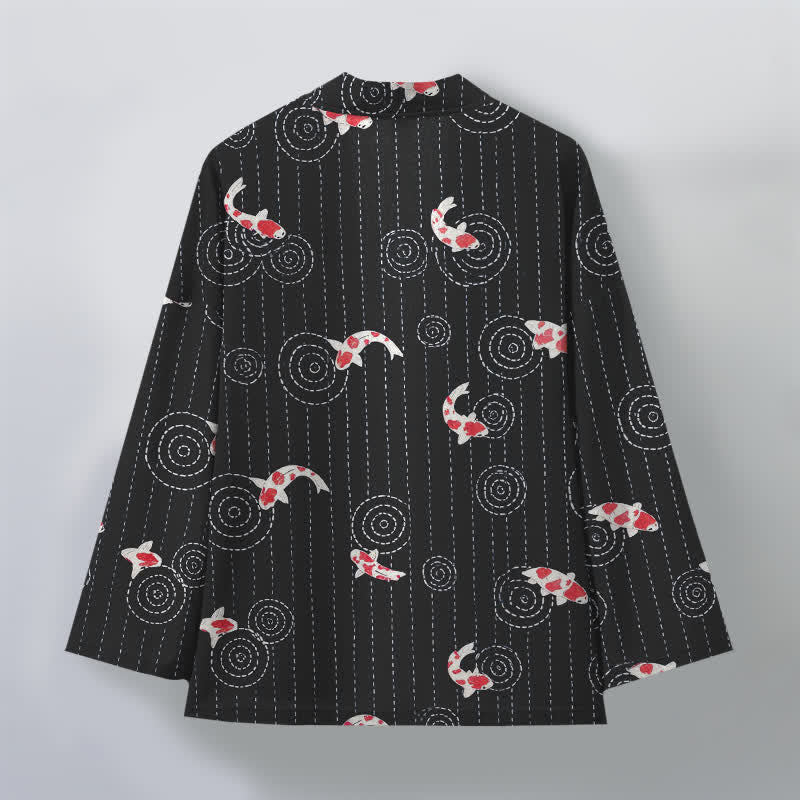 Buddha Stones Kimono pour homme en coton à motif de carpes koï ondulées, ouvert sur le devant - image 8