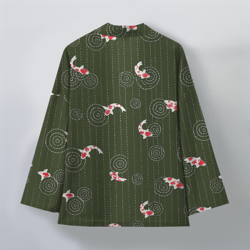 Buddha Stones Kimono pour homme en coton à motif de carpes koï ondulées, ouvert sur le devant - image 11