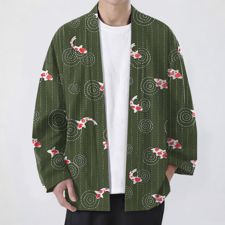 Buddha Stones Kimono pour homme en coton à motif de carpes koï ondulées, ouvert sur le devant - Vert olive foncé - US/UK/AU48，EU58 (4XL) - image 9