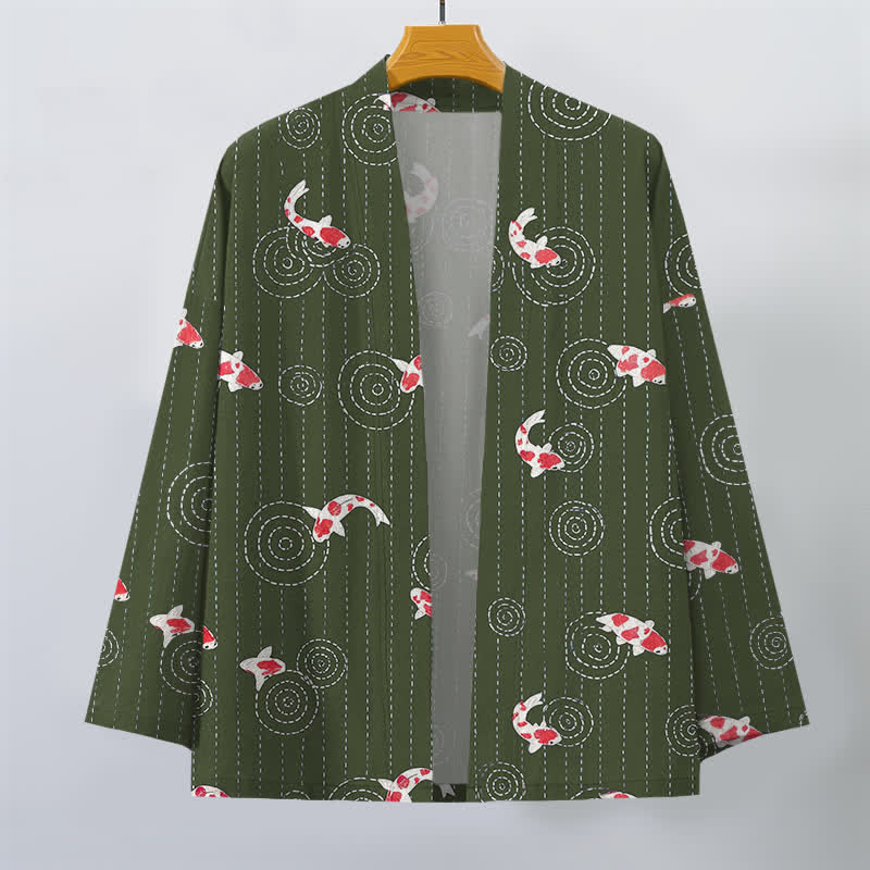 Buddha Stones Kimono pour homme en coton à motif de carpes koï ondulées, ouvert sur le devant - image 10