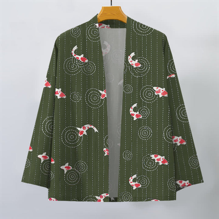 Buddha Stones Kimono pour homme en coton à motif de carpes koï ondulées, ouvert sur le devant - image 10