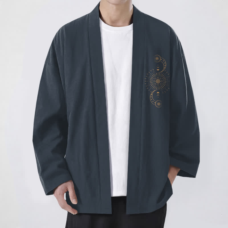 Buddha Stones Kimono pour homme en coton à motif céleste de phases lunaires et de soleil, ouvert sur le devant - Gris ardoise foncé - US/UK/AU48，EU58 (4XL) - image 0