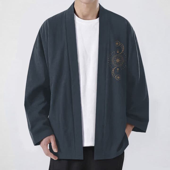 Buddha Stones Kimono pour homme en coton à motif céleste de phases lunaires et de soleil, ouvert sur le devant - Gris ardoise foncé - US/UK/AU48，EU58 (4XL) - image 0
