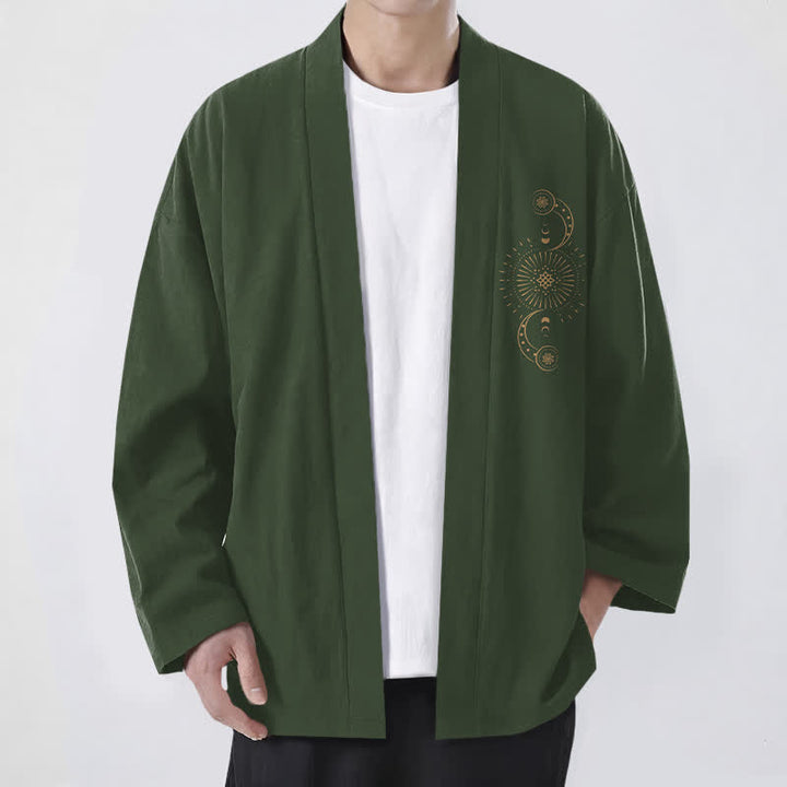 Buddha Stones Kimono pour homme en coton à motif céleste de phases lunaires et de soleil, ouvert sur le devant - Vert d'eau - US/UK/AU48，EU58 (4XL) - image 9