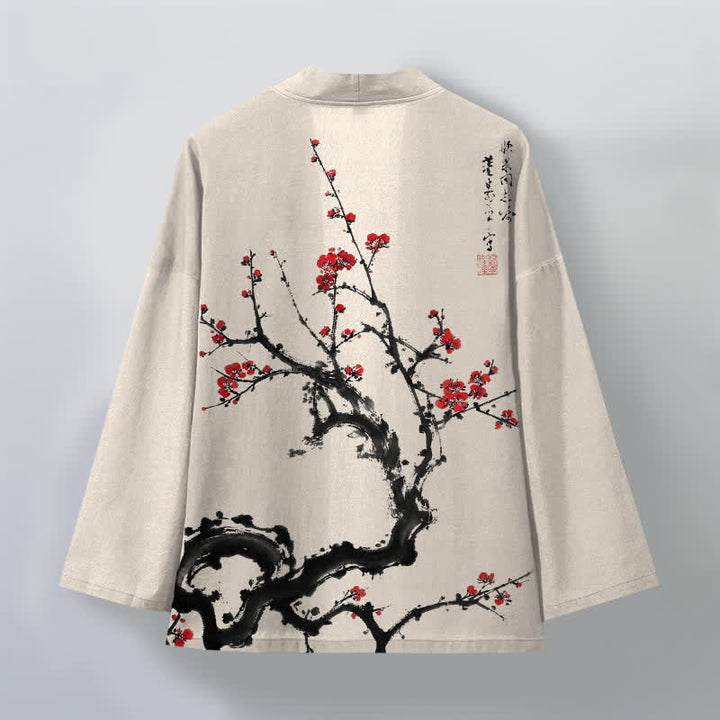 Buddha Stones Kimono pour homme à motif de fleurs de prunier et encre de coton, ouvert sur le devant - image 2