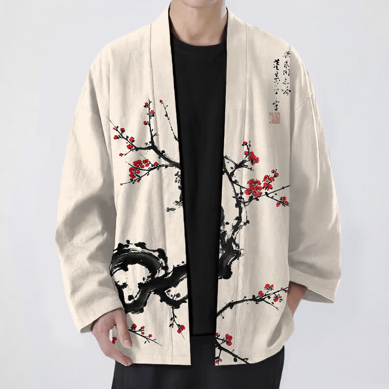 Buddha Stones Kimono pour homme à motif de fleurs de prunier et encre de coton, ouvert sur le devant - Beige - US/UK/AU48，EU58 (4XL) - image 0