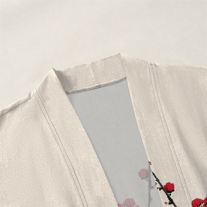 Buddha Stones Kimono pour homme à motif de fleurs de prunier et encre de coton, ouvert sur le devant - image 3