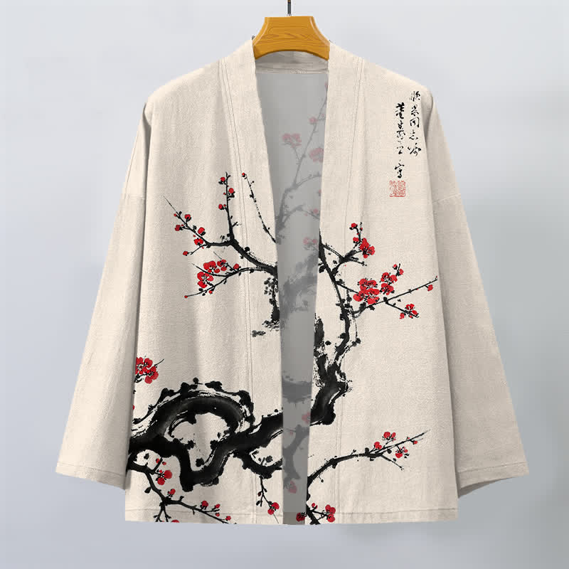 Buddha Stones Kimono pour homme à motif de fleurs de prunier et encre de coton, ouvert sur le devant - image 1