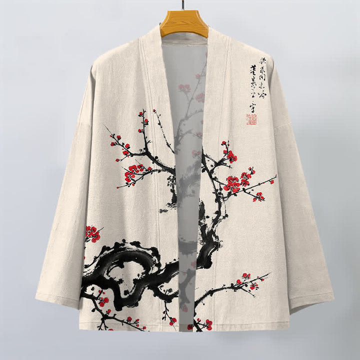 Buddha Stones Kimono pour homme à motif de fleurs de prunier et encre de coton, ouvert sur le devant - image 1