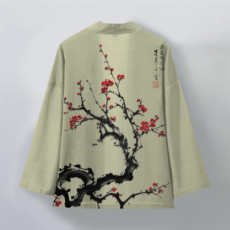 Buddha Stones Kimono pour homme à motif de fleurs de prunier et encre de coton, ouvert sur le devant - image 8