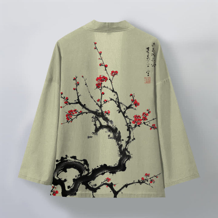Buddha Stones Kimono pour homme à motif de fleurs de prunier et encre de coton, ouvert sur le devant - image 8