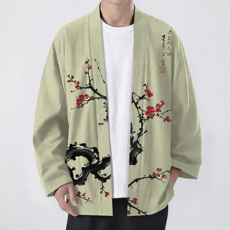 Buddha Stones Kimono pour homme à motif de fleurs de prunier et encre de coton, ouvert sur le devant - VertJaune - US/UK/AU48，EU58 (4XL) - image 6