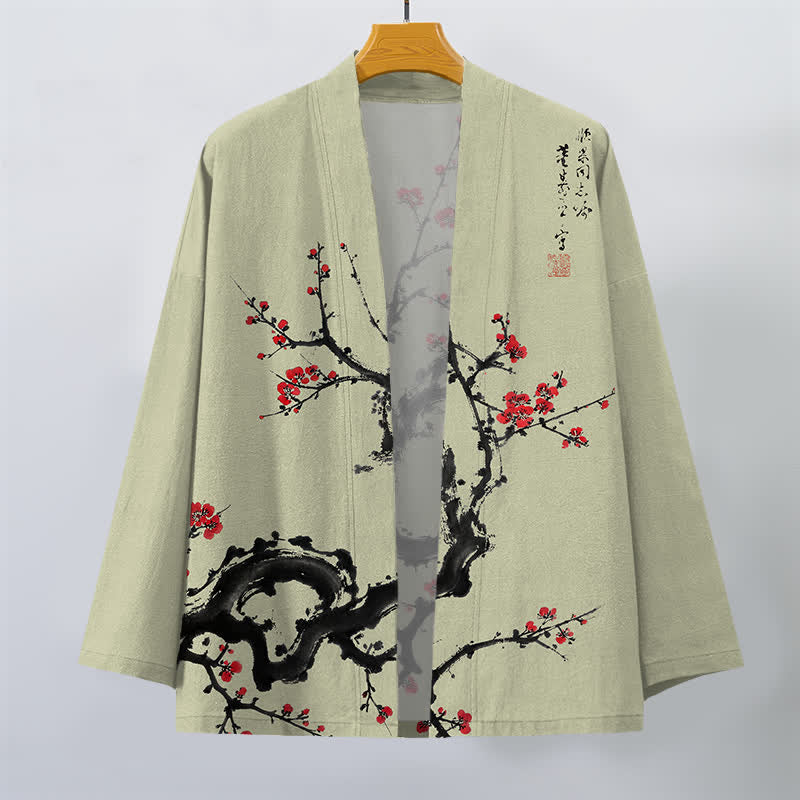 Buddha Stones Kimono pour homme à motif de fleurs de prunier et encre de coton, ouvert sur le devant - image 7
