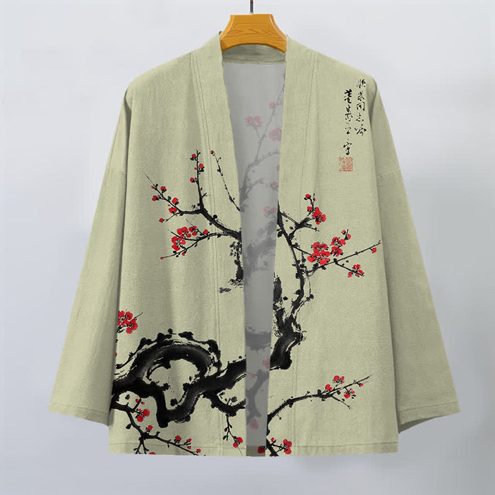 Buddha Stones Kimono pour homme à motif de fleurs de prunier et encre de coton, ouvert sur le devant - image 7