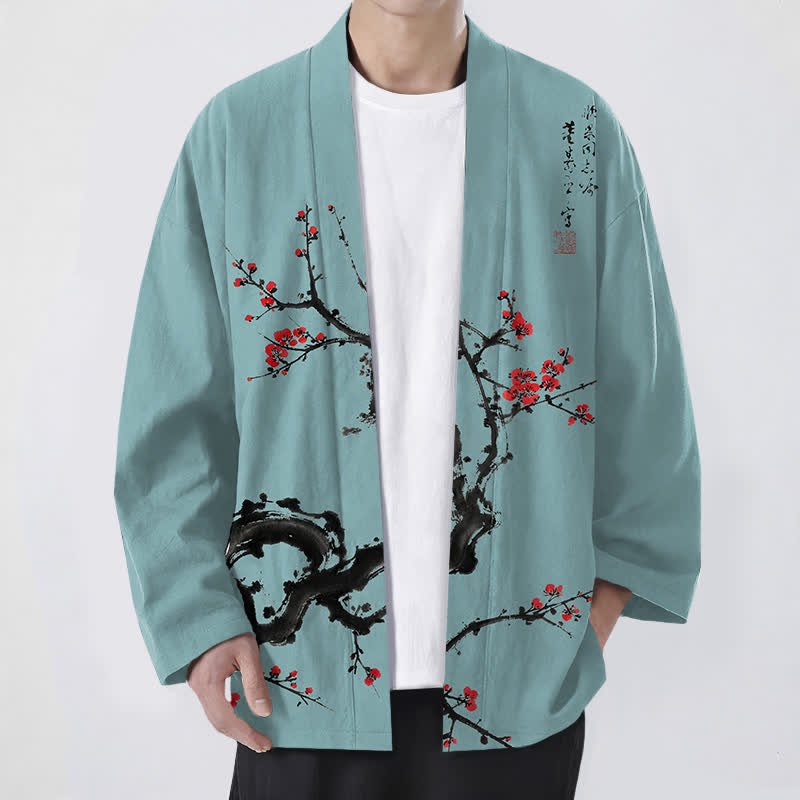 Buddha Stones Kimono pour homme à motif de fleurs de prunier et encre de coton, ouvert sur le devant - Turquoise - US/UK/AU48，EU58 (4XL) - image 9