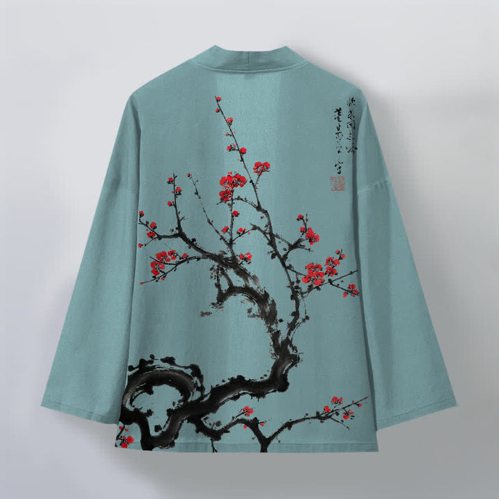 Buddha Stones Kimono pour homme à motif de fleurs de prunier et encre de coton, ouvert sur le devant - image 11