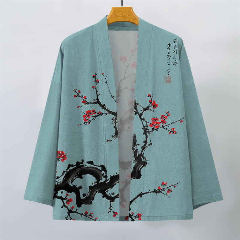 Buddha Stones Kimono pour homme à motif de fleurs de prunier et encre de coton, ouvert sur le devant - image 10