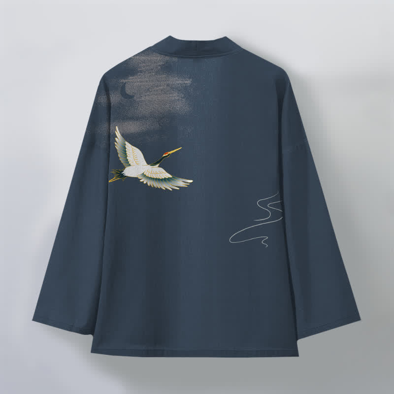 Buddha Stones Kimono pour homme ouvert sur le devant, motif grues, lune et vagues, en coton - image 2