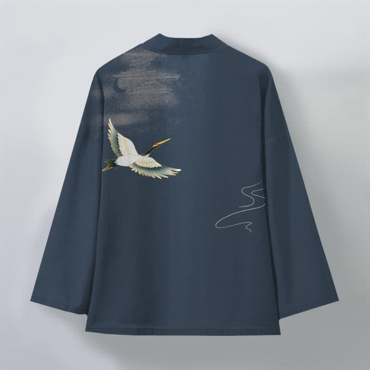 Buddha Stones Kimono pour homme ouvert sur le devant, motif grues, lune et vagues, en coton - image 2
