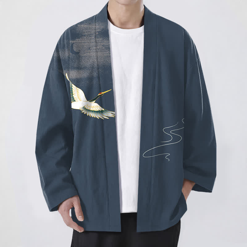 Buddha Stones Kimono pour homme ouvert sur le devant, motif grues, lune et vagues, en coton - SteelBlue - US/UK/AU48，EU58 (4XL) - image 0