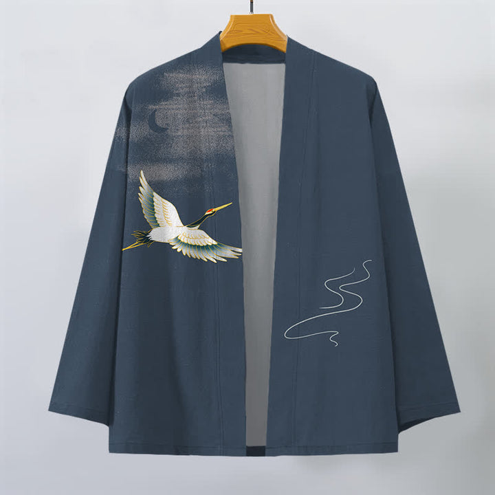 Buddha Stones Kimono pour homme ouvert sur le devant, motif grues, lune et vagues, en coton - image 1