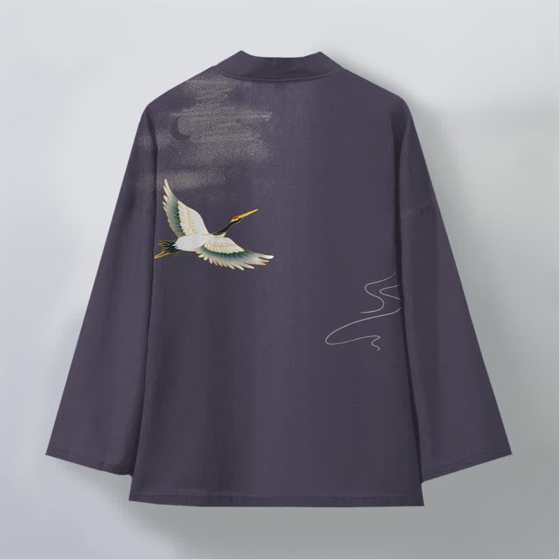 Buddha Stones Kimono pour homme ouvert sur le devant, motif grues, lune et vagues, en coton - image 8