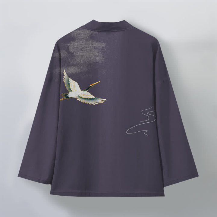 Buddha Stones Kimono pour homme ouvert sur le devant, motif grues, lune et vagues, en coton - image 8