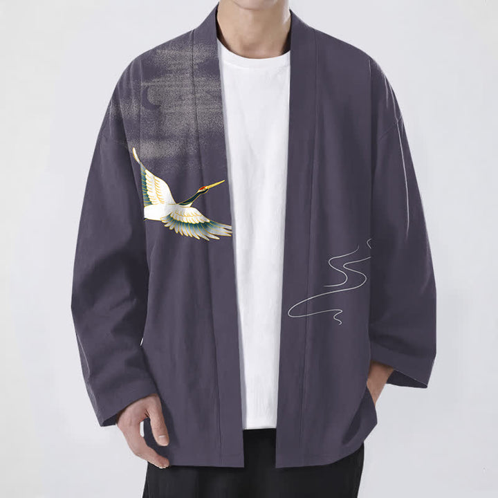 Buddha Stones Kimono pour homme ouvert sur le devant, motif grues, lune et vagues, en coton - Violet moyen - US/UK/AU48，EU58 (4XL) - image 6