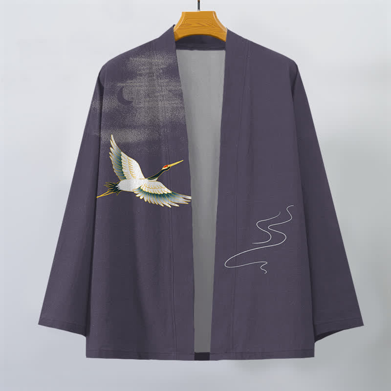 Buddha Stones Kimono pour homme ouvert sur le devant, motif grues, lune et vagues, en coton - image 7