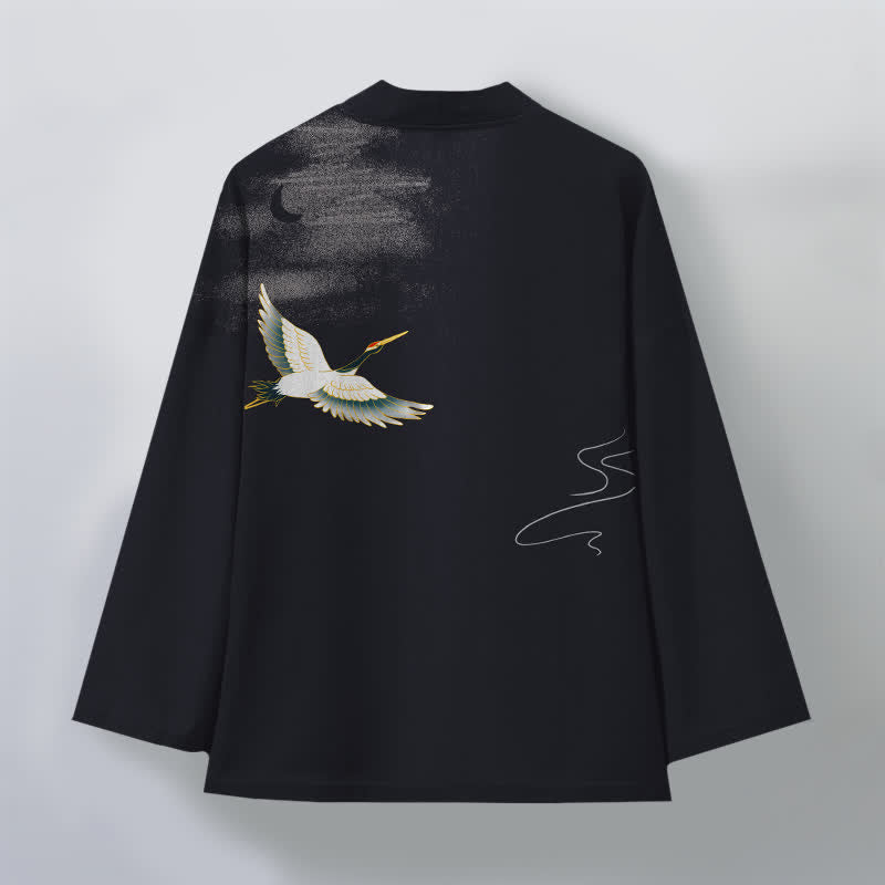 Buddha Stones Kimono pour homme ouvert sur le devant, motif grues, lune et vagues, en coton - image 11